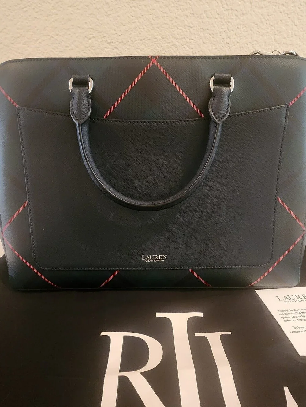 Lauren Ralph Lauren Plaid Hanna Satchel Crosshatch Leather EUC w/ Dust Bag